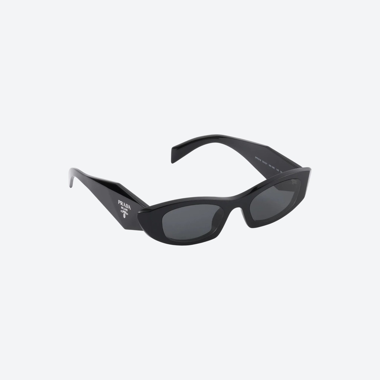 Prada Symbole black wraparound sunglasses with slate gray lenses - front angle view